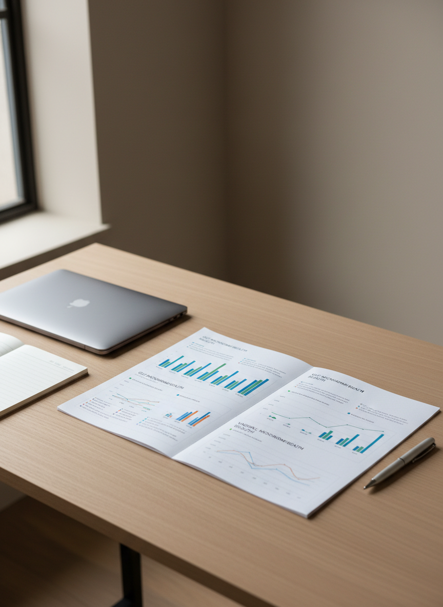 A minimalist consultation desk setup featuring a printed microbiome report open to a clean, data-rich spread. The report shows color-coded bar charts, simple bacterial diversity graphs, and clearly labeled sections for gut and vaginal health on crisp, matte white paper. A sleek silver pen rests along the page margin, beside a closed, slim laptop and a neatly stacked notepad. The desk is a smooth, light oak surface set against a soft taupe wall with no clutter. Neutral daylight from a large unseen window creates balanced, natural illumination with soft, directional shadows. Photographed from a slightly elevated angle using the rule of thirds, the report is the clear focal point with sharp detail. The atmosphere is orderly, professional, and approachable, in a photographic realism style that emphasizes structured layout and corporate polish.
