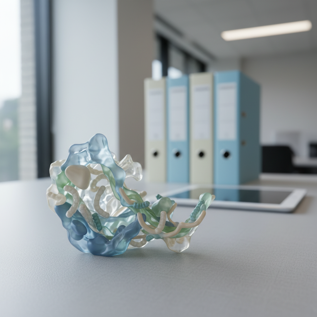A close-up of an elegant, transparent 3D-printed model of a gut microbiome ecosystem resting on a pale gray, textured desk surface. The model features interwoven, semi-translucent structures in muted blues, greens, and soft beige, suggesting diverse bacterial colonies without appearing clinical or frightening. Behind it, blurred binders and a slim, closed tablet sit neatly aligned, reinforcing an organized consulting environment. Cool, indirect daylight from the left combines with subtle overhead office lighting, producing gentle highlights and refined shadows that define the model’s intricate contours. Captured at eye level with a shallow depth of field, the microbiome structure is crisply in focus while the background gently recedes. The mood is calm, scientific, and reassuring, with a clean, modern photographic style and a structured, corporate composition that conveys expertise and clarity.